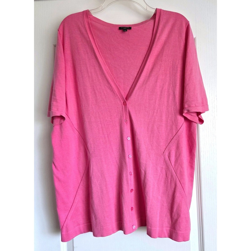 Talbots Woman Pink Short Sleeve Cardigan Sweater V-Neck Plus Size 2X Lightweight
